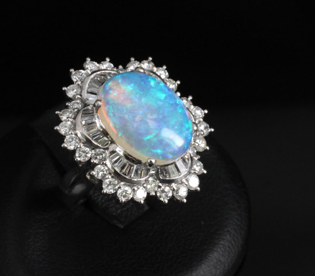 3.22ct Natural Untreated Opal & 2.16ct Diamond Halo Platinum Ring, Size 4.75