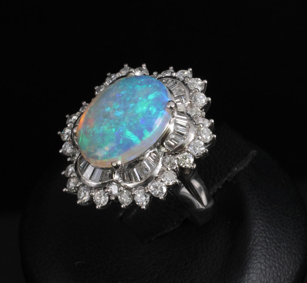3.22ct Natural Untreated Opal & 2.16ct Diamond Halo Platinum Ring, Size 4.75
