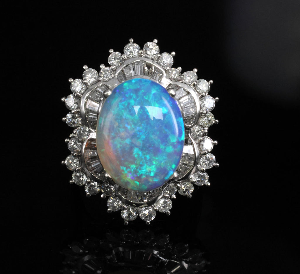 3.22ct Natural Untreated Opal & 2.16ct Diamond Halo Platinum Ring, Size 4.75