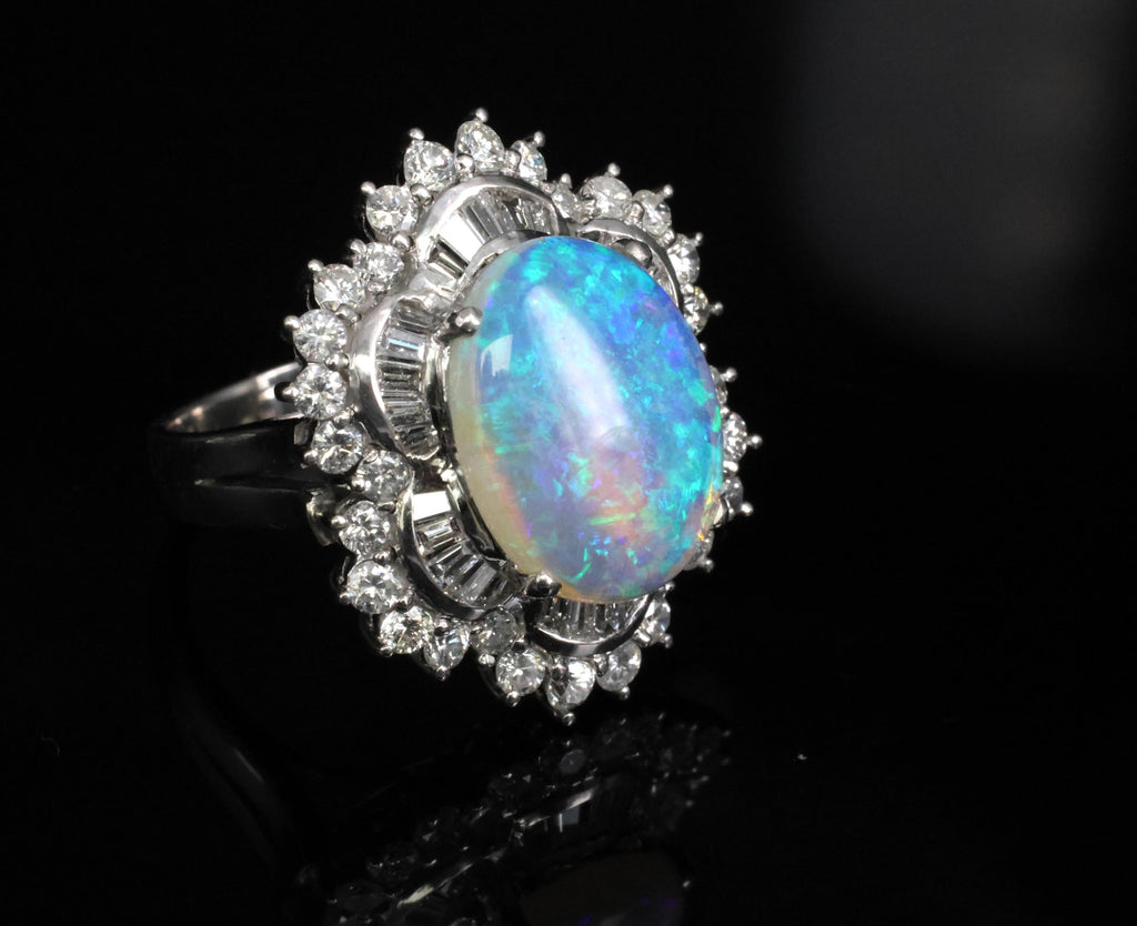 3.22ct Natural Untreated Opal & 2.16ct Diamond Halo Platinum Ring, Size 4.75
