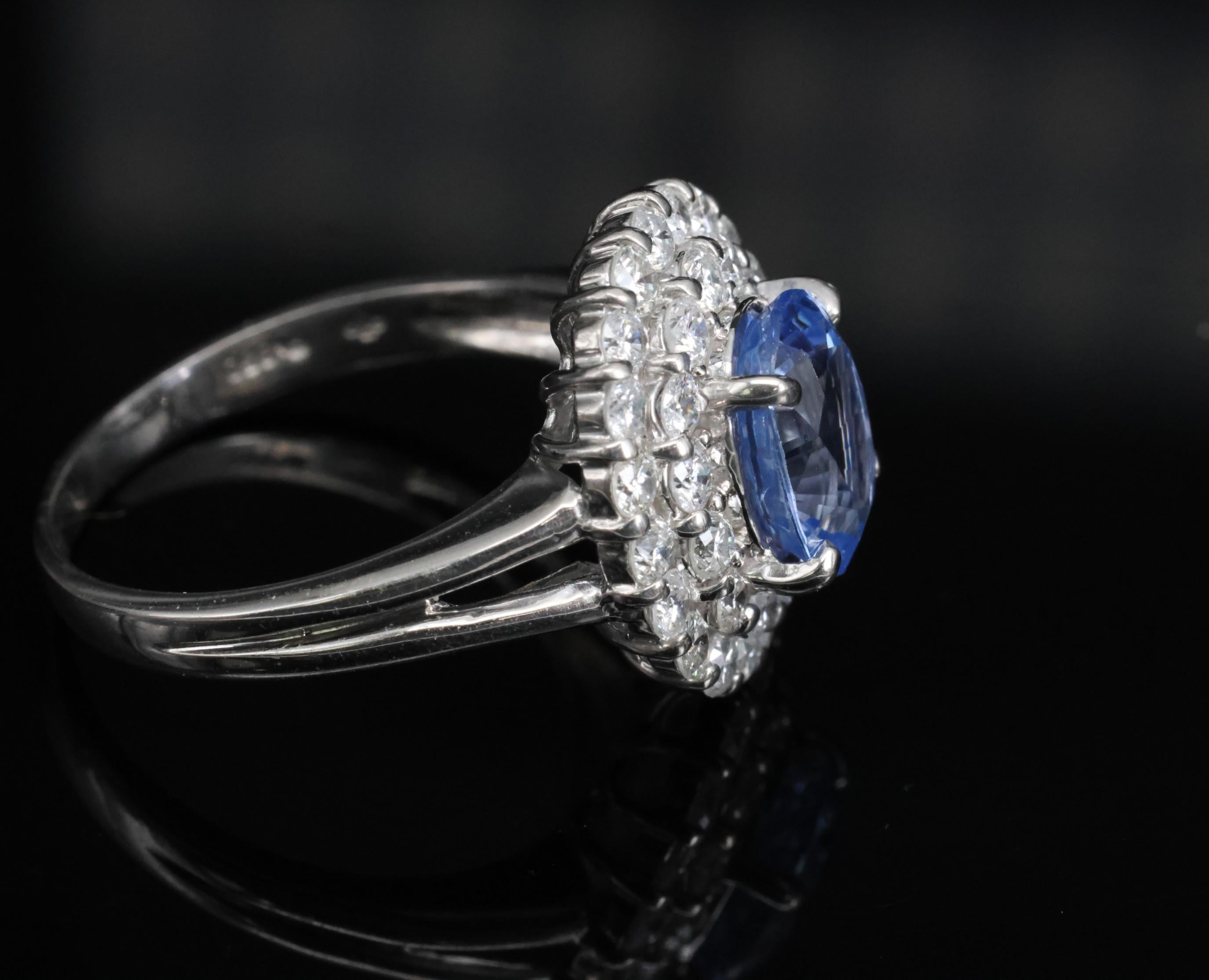 2.33ct Natural Cornflower Blue Sapphire & 1.09ct Diamond Platinum Ring, Size 7.5