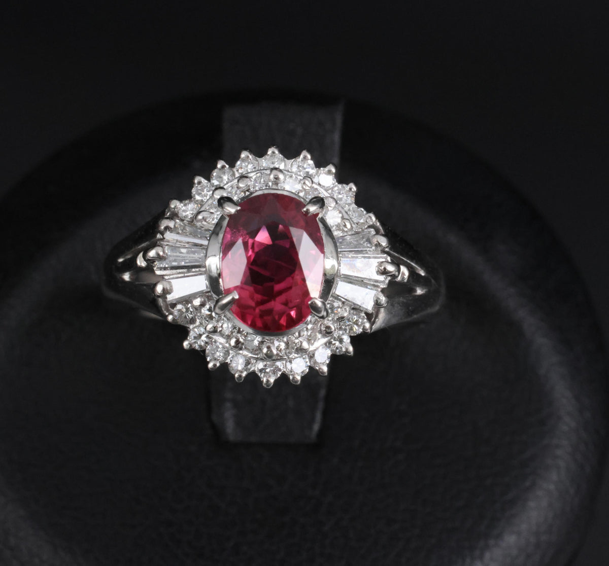 Fine 1.40ct GIA Thai Natural Ruby & 0.47ct Diamond Halo Platinum Ring, Size 7