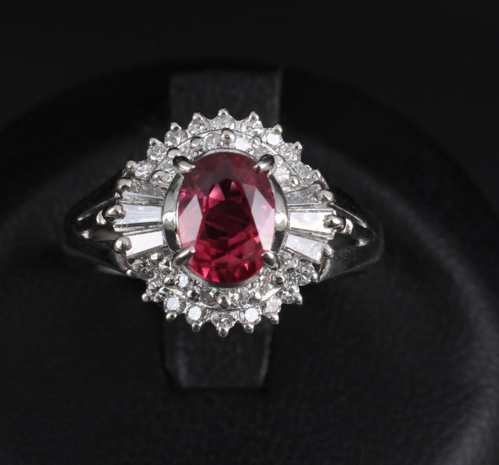 Fine 1.40ct GIA Thai Natural Ruby & 0.47ct Diamond Halo Platinum Ring, Size 7