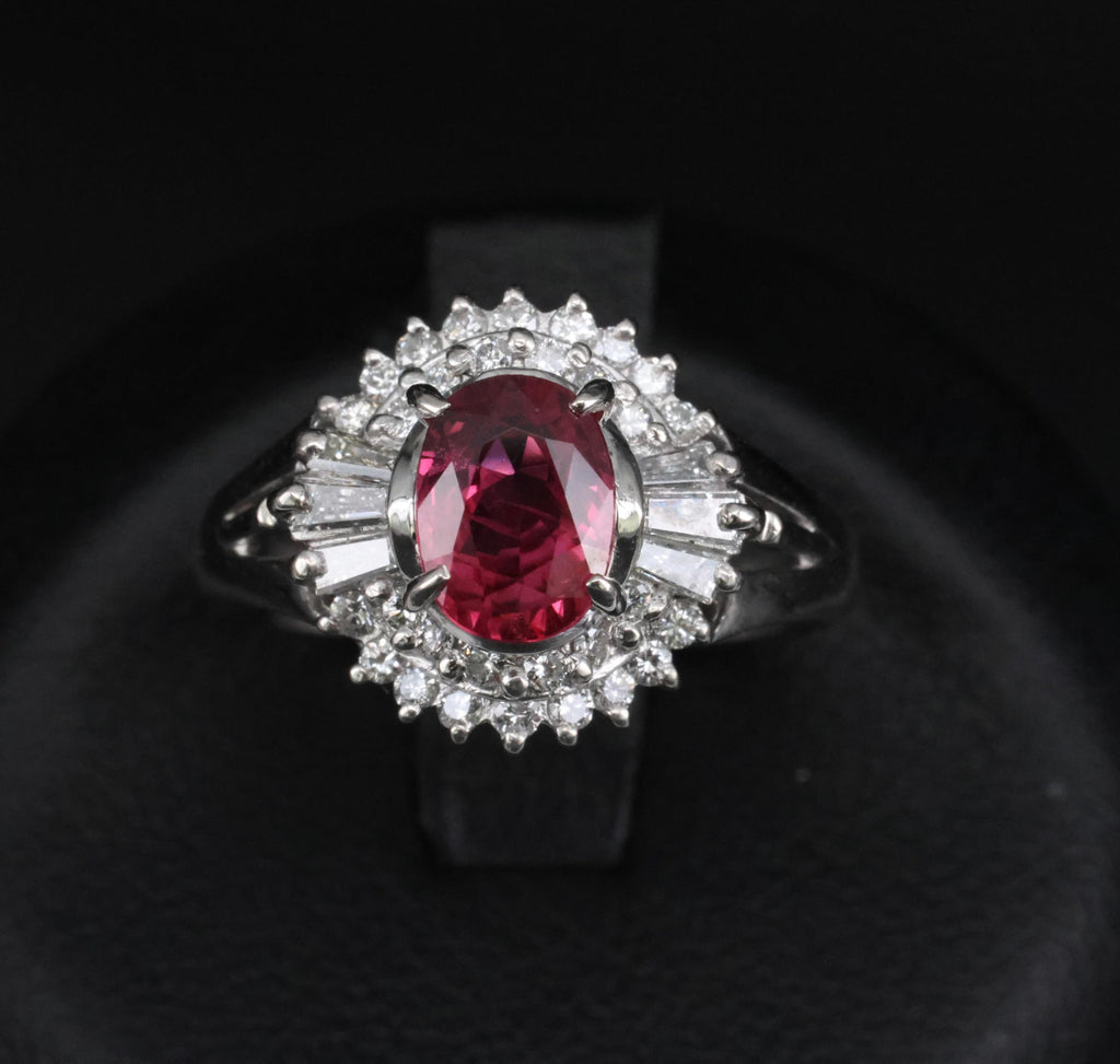 Fine 1.40ct GIA Thai Natural Ruby & 0.47ct Diamond Halo Platinum Ring, Size 7
