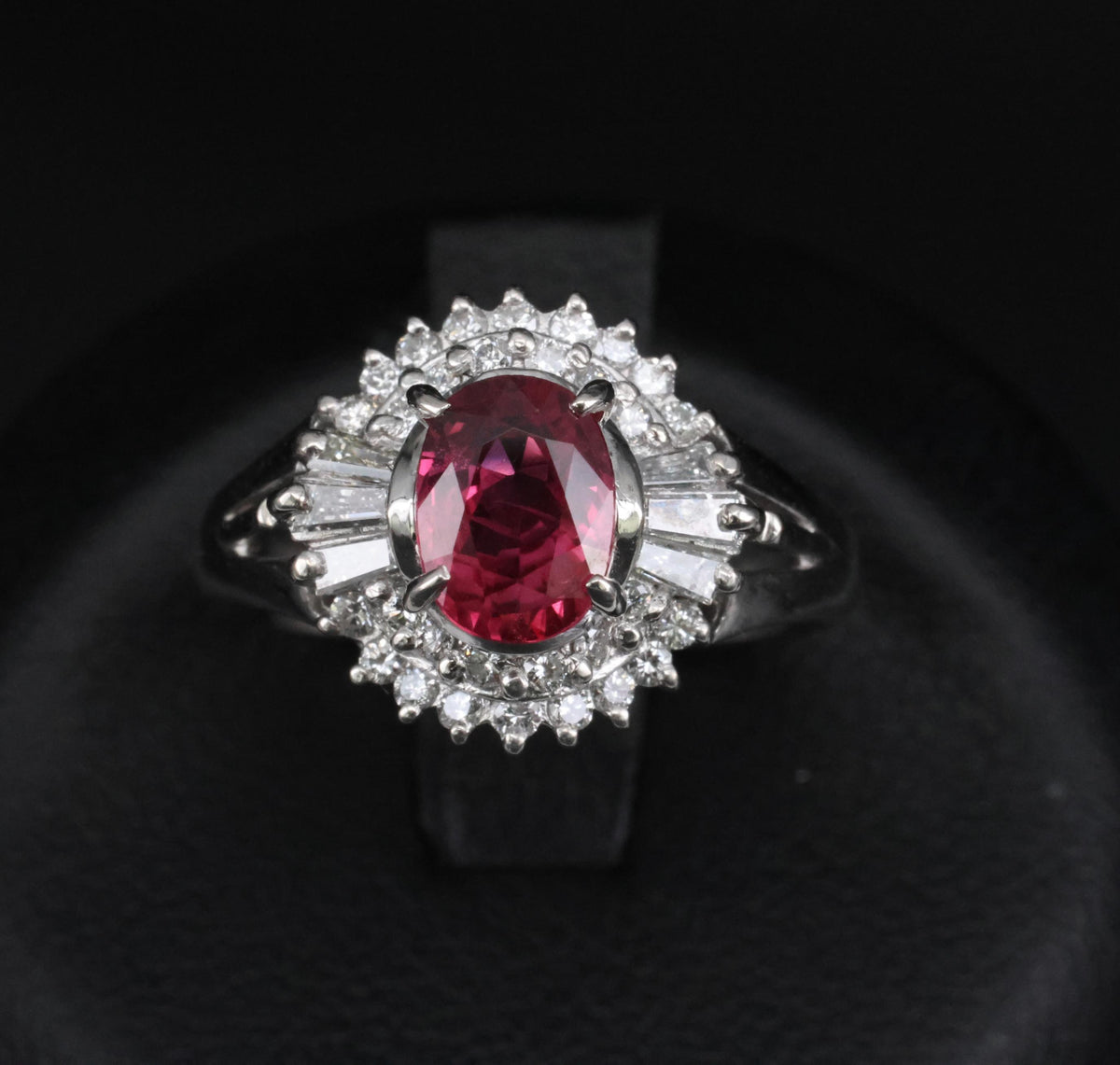 Fine 1.40ct GIA Thai Natural Ruby & 0.47ct Diamond Halo Platinum Ring, Size 7