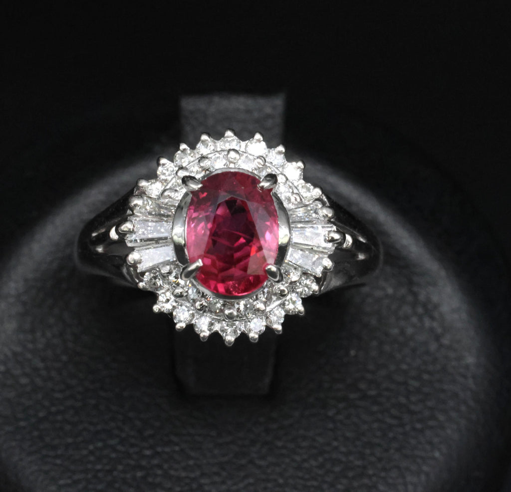Fine 1.40ct GIA Thai Natural Ruby & 0.47ct Diamond Halo Platinum Ring, Size 7