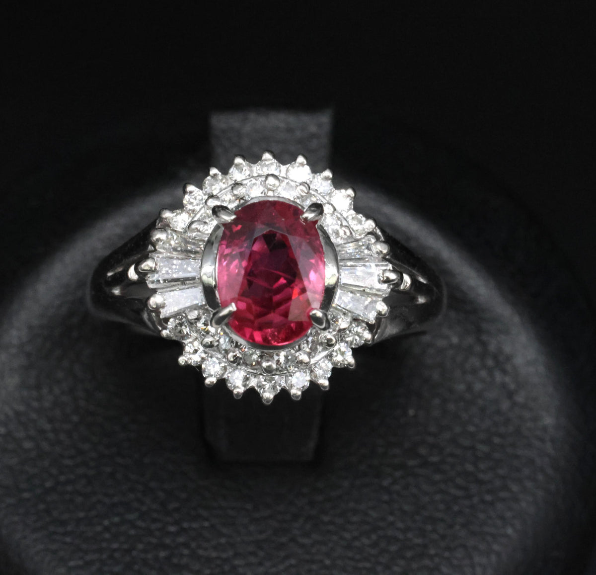 Fine 1.40ct GIA Thai Natural Ruby & 0.47ct Diamond Halo Platinum Ring, Size 7