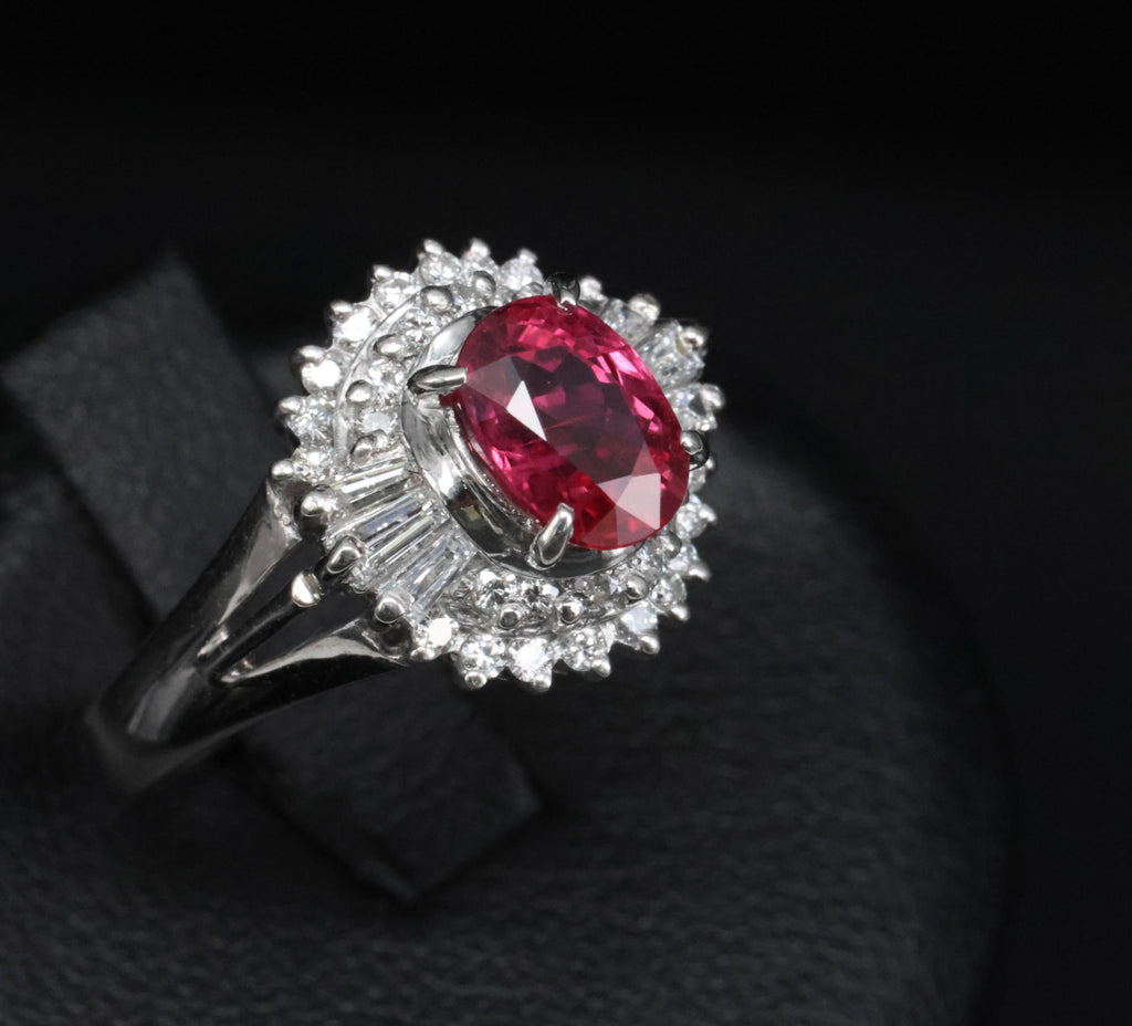 Fine 1.40ct GIA Thai Natural Ruby & 0.47ct Diamond Halo Platinum Ring, Size 7