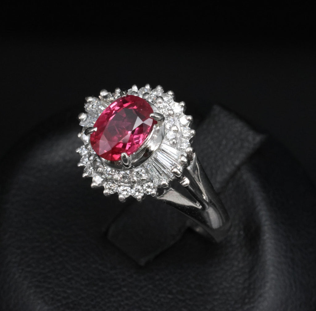 Fine 1.40ct GIA Thai Natural Ruby & 0.47ct Diamond Halo Platinum Ring, Size 7