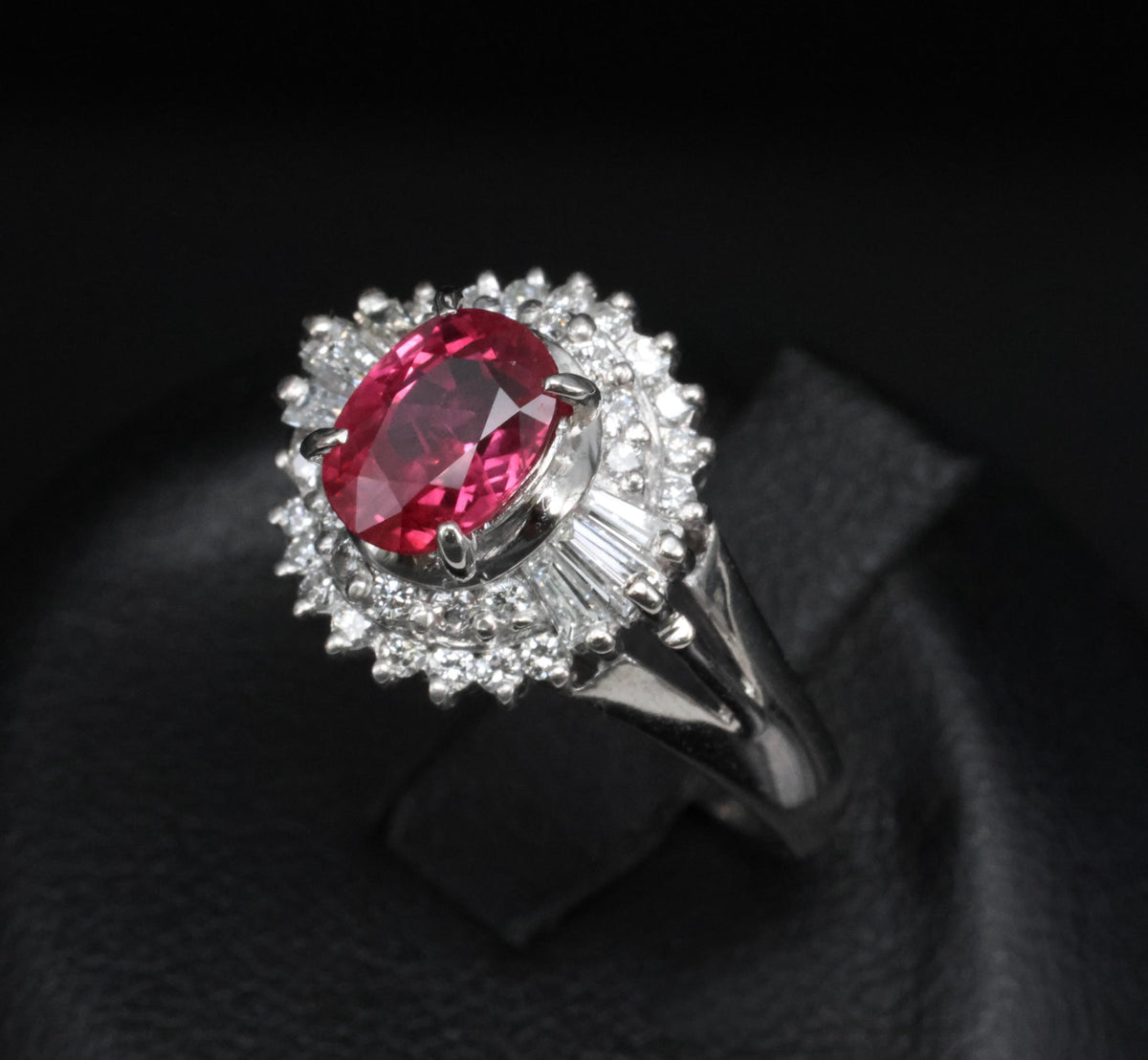 Fine 1.40ct GIA Thai Natural Ruby & 0.47ct Diamond Halo Platinum Ring, Size 7