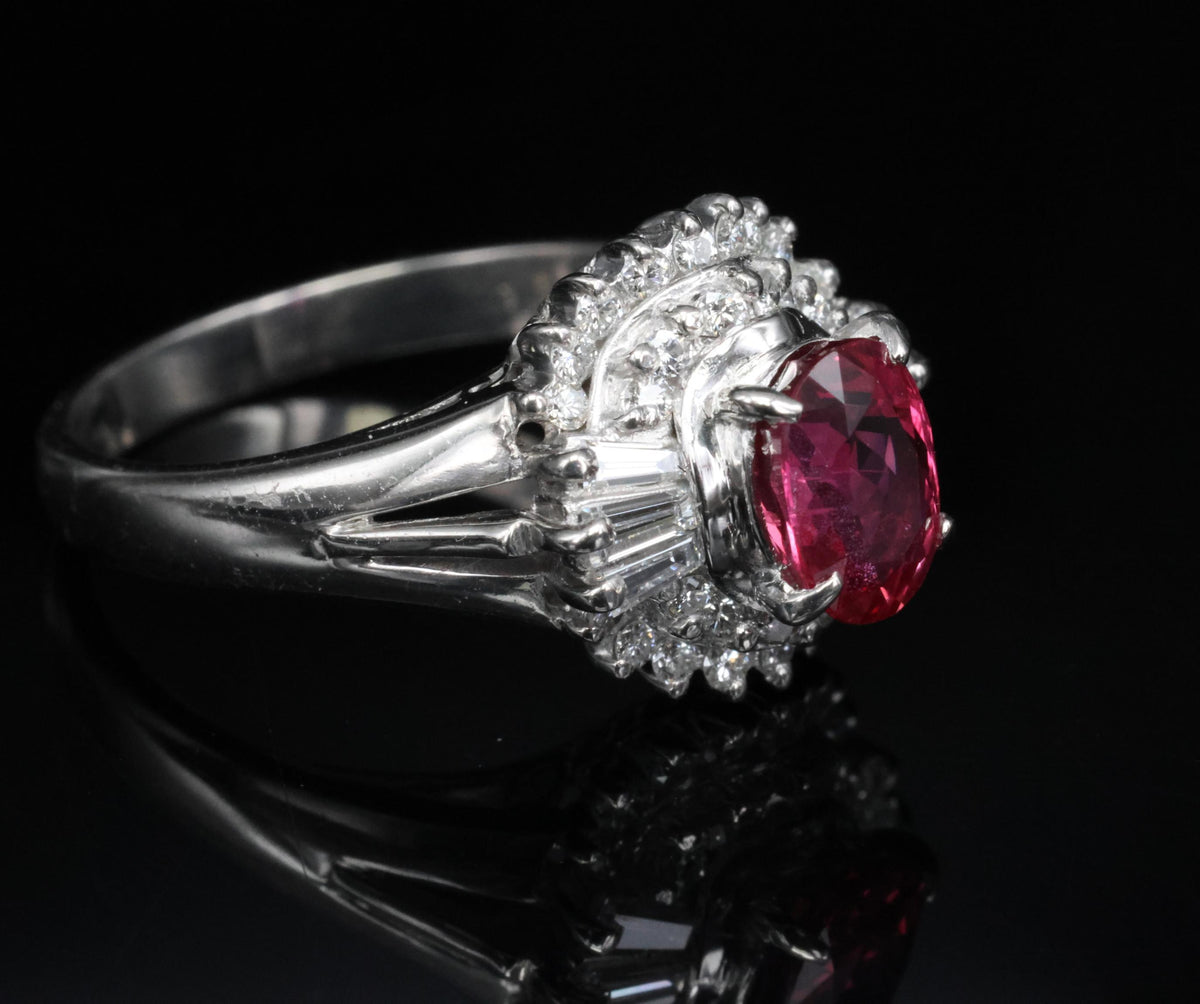 Fine 1.40ct GIA Thai Natural Ruby & 0.47ct Diamond Halo Platinum Ring, Size 7