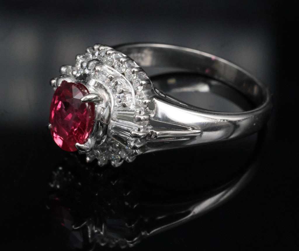Fine 1.40ct GIA Thai Natural Ruby & 0.47ct Diamond Halo Platinum Ring, Size 7