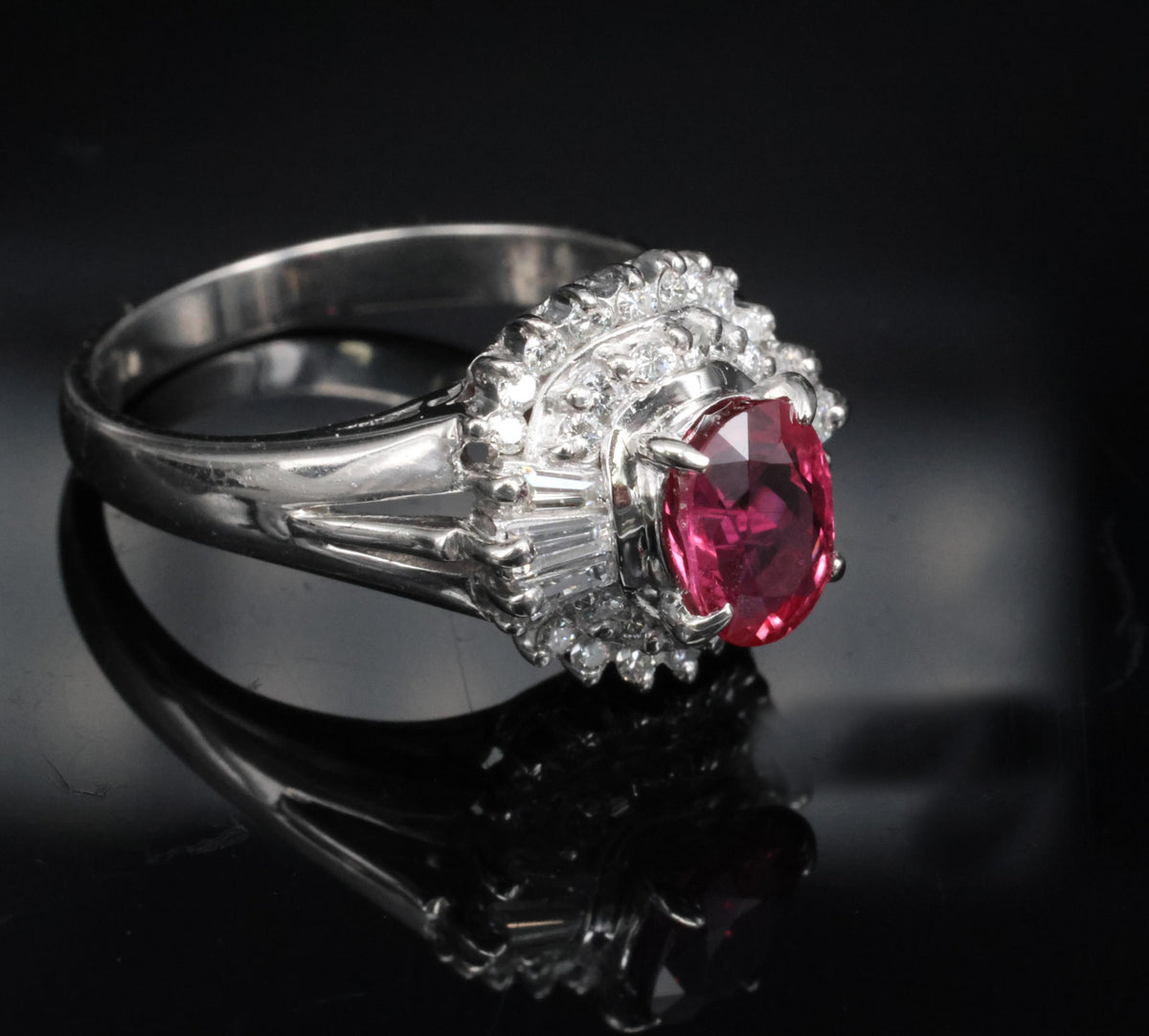 Fine 1.40ct GIA Thai Natural Ruby & 0.47ct Diamond Halo Platinum Ring, Size 7