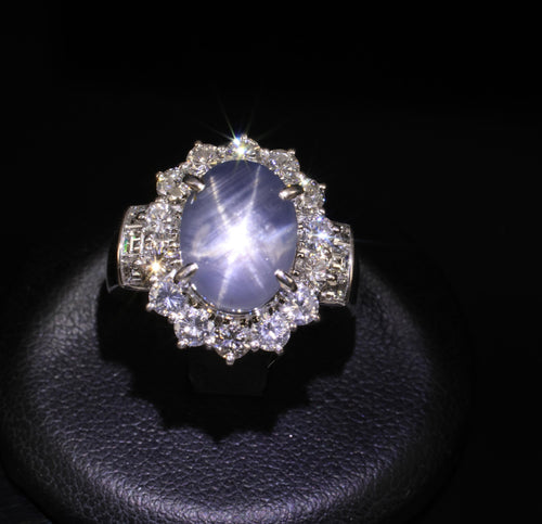 10.52ct Natural Untreated Star Sapphire & 1.87ct Diamond Platinum Ring, Size 6