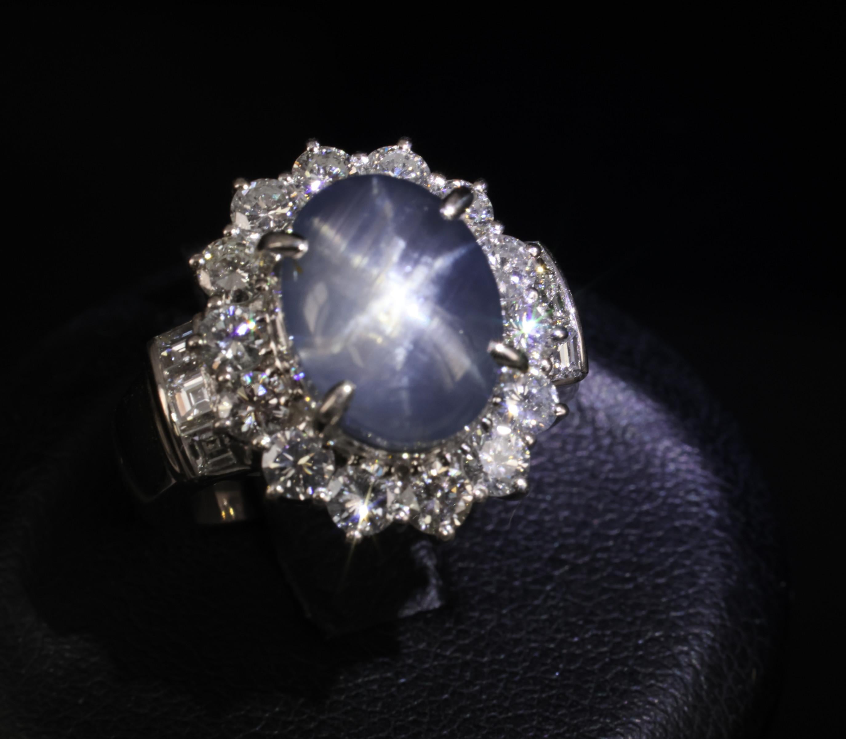 10.52ct Natural Untreated Star Sapphire & 1.87ct Diamond Platinum Ring, Size 6