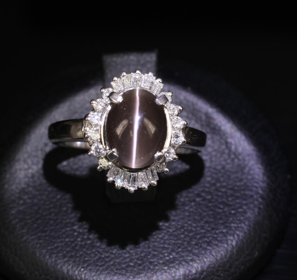Estate 2.67ct GIA Sillimanite Cat's Eye & 0.41ct Diamond Platinum Ring, Size 7