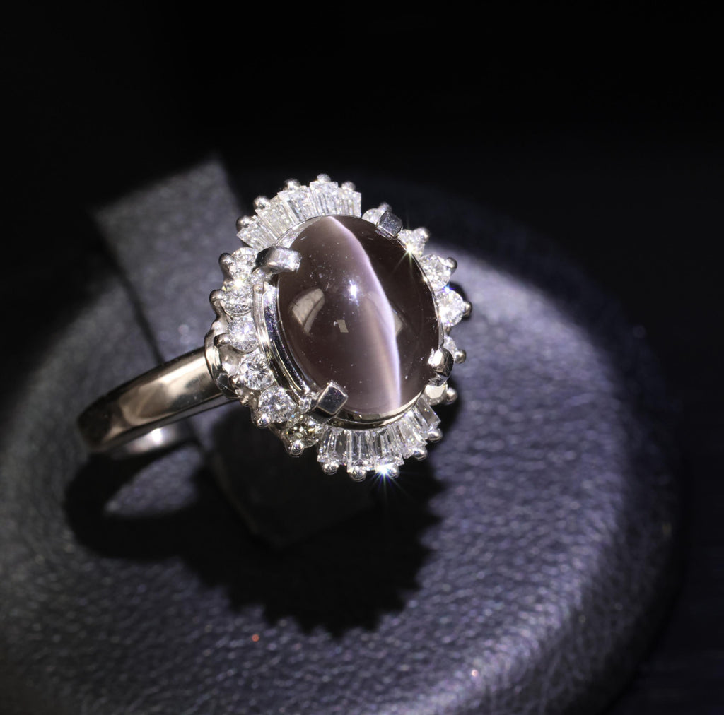Estate 2.67ct GIA Sillimanite Cat's Eye & 0.41ct Diamond Platinum Ring, Size 7