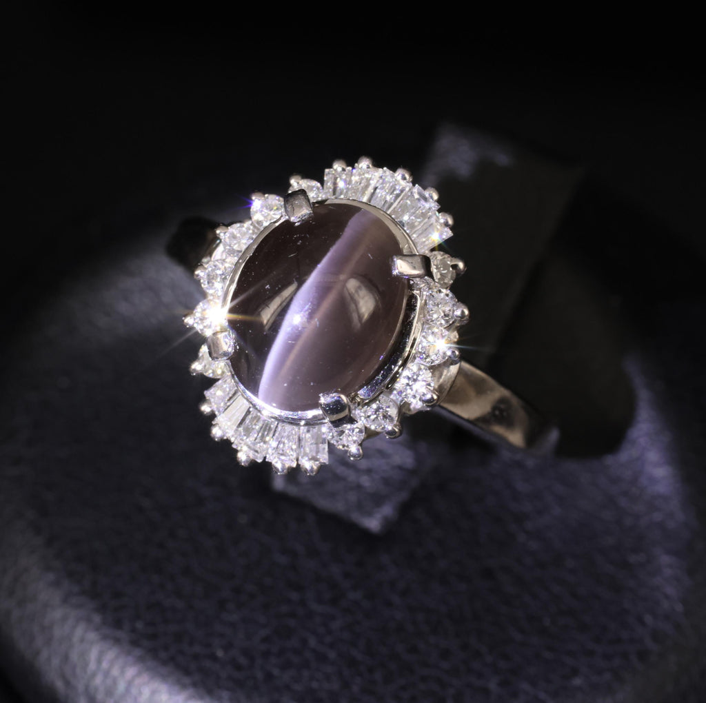 Estate 2.67ct GIA Sillimanite Cat's Eye & 0.41ct Diamond Platinum Ring, Size 7