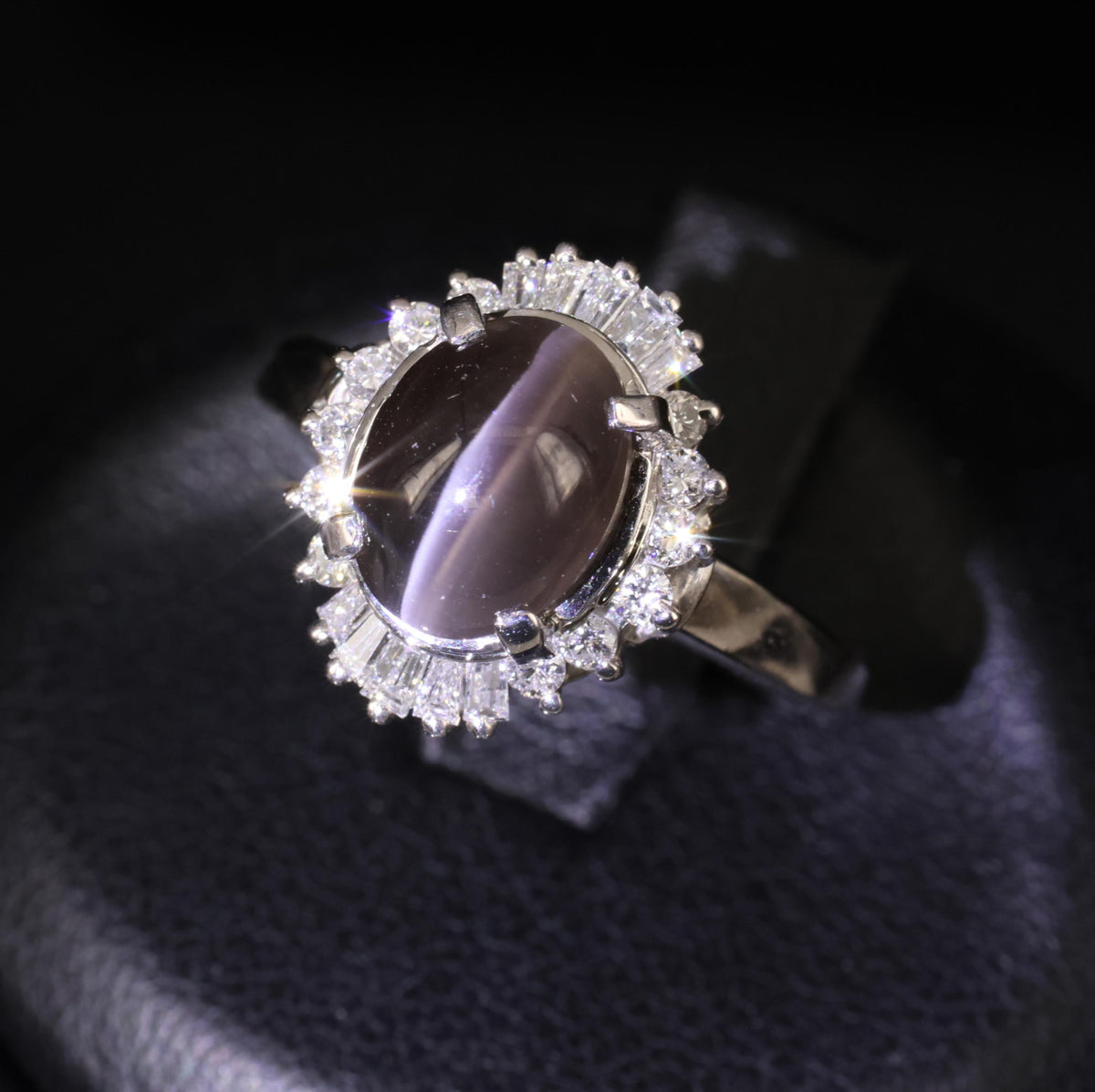 Estate 2.67ct GIA Sillimanite Cat's Eye & 0.41ct Diamond Platinum Ring, Size 7