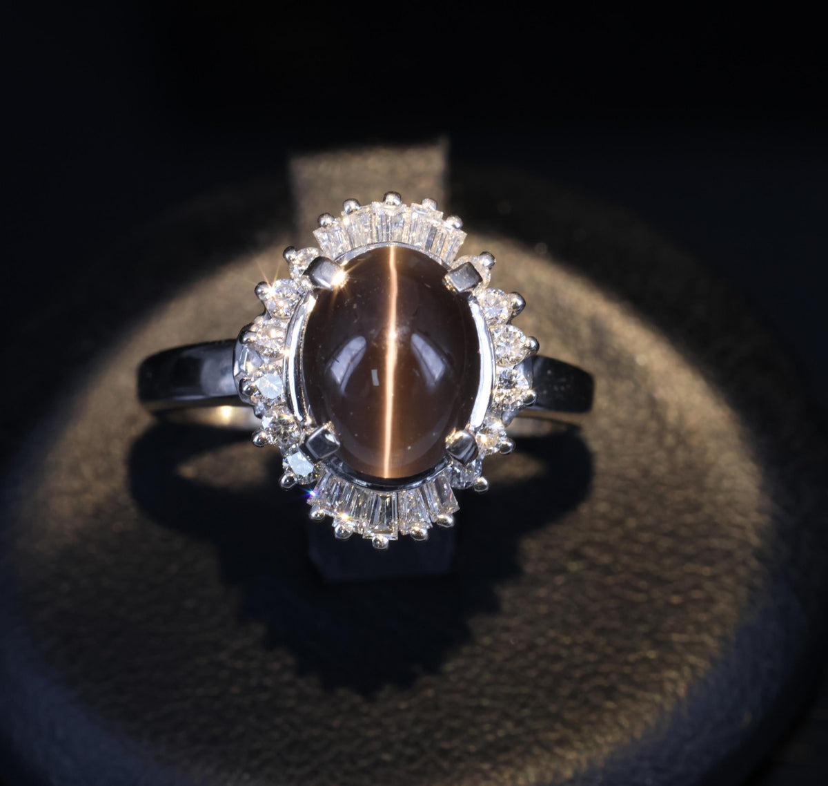 Estate 2.67ct GIA Sillimanite Cat's Eye & 0.41ct Diamond Platinum Ring, Size 7
