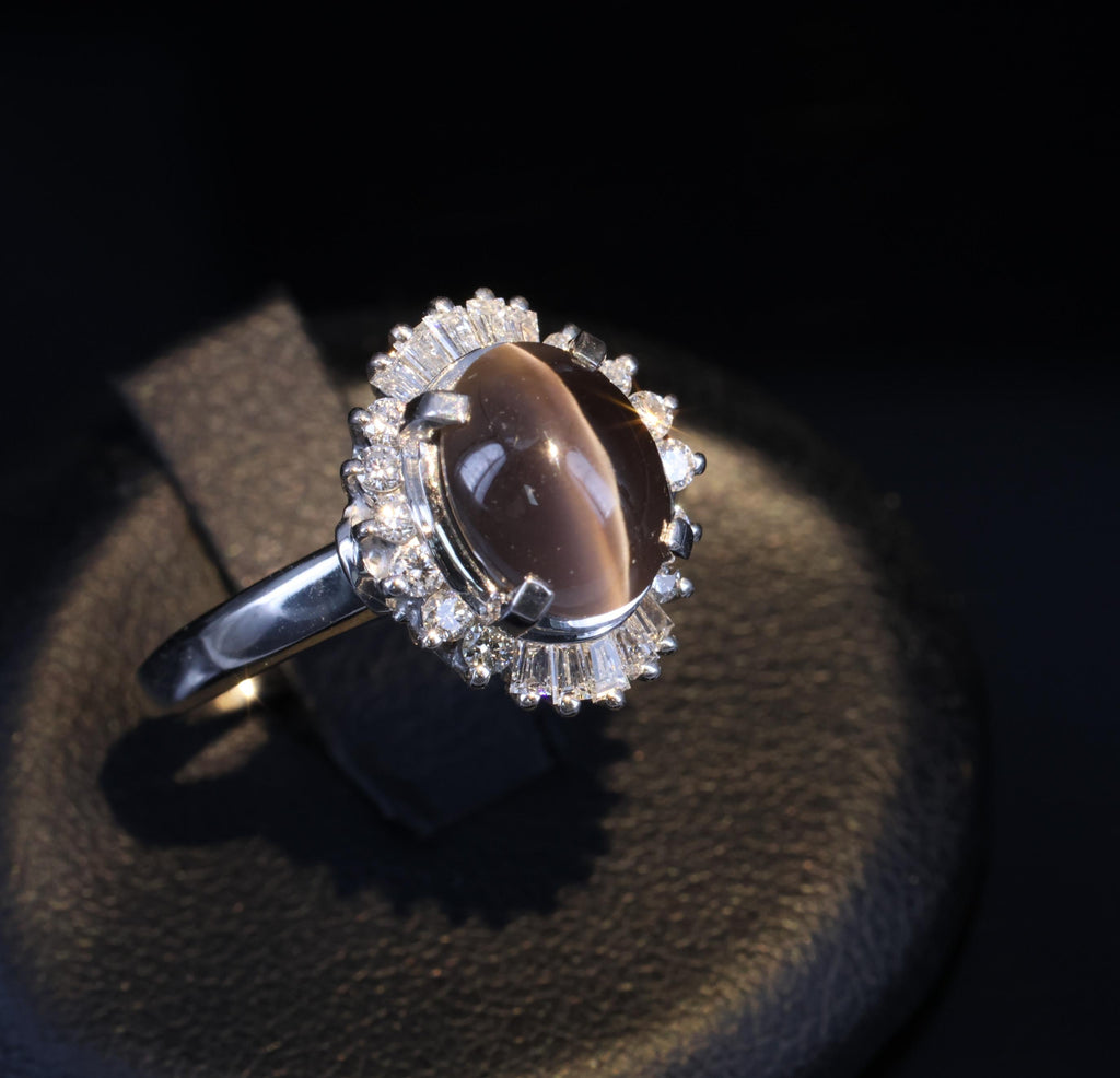 Estate 2.67ct GIA Sillimanite Cat's Eye & 0.41ct Diamond Platinum Ring, Size 7