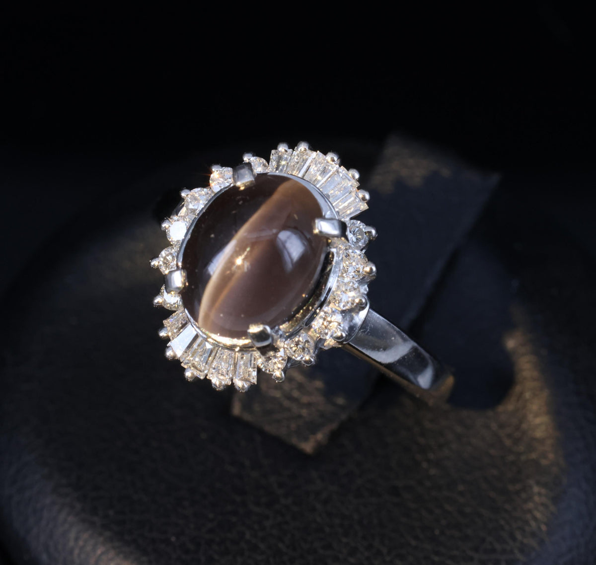 Estate 2.67ct GIA Sillimanite Cat's Eye & 0.41ct Diamond Platinum Ring, Size 7