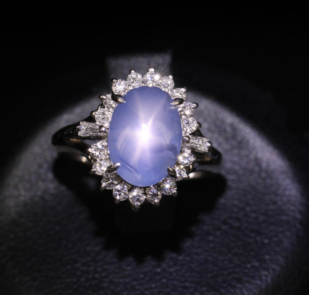 4.95ct Natural Untreated Star Sapphire & 0.31ct Diamond Platinum Ring, Size 4.75