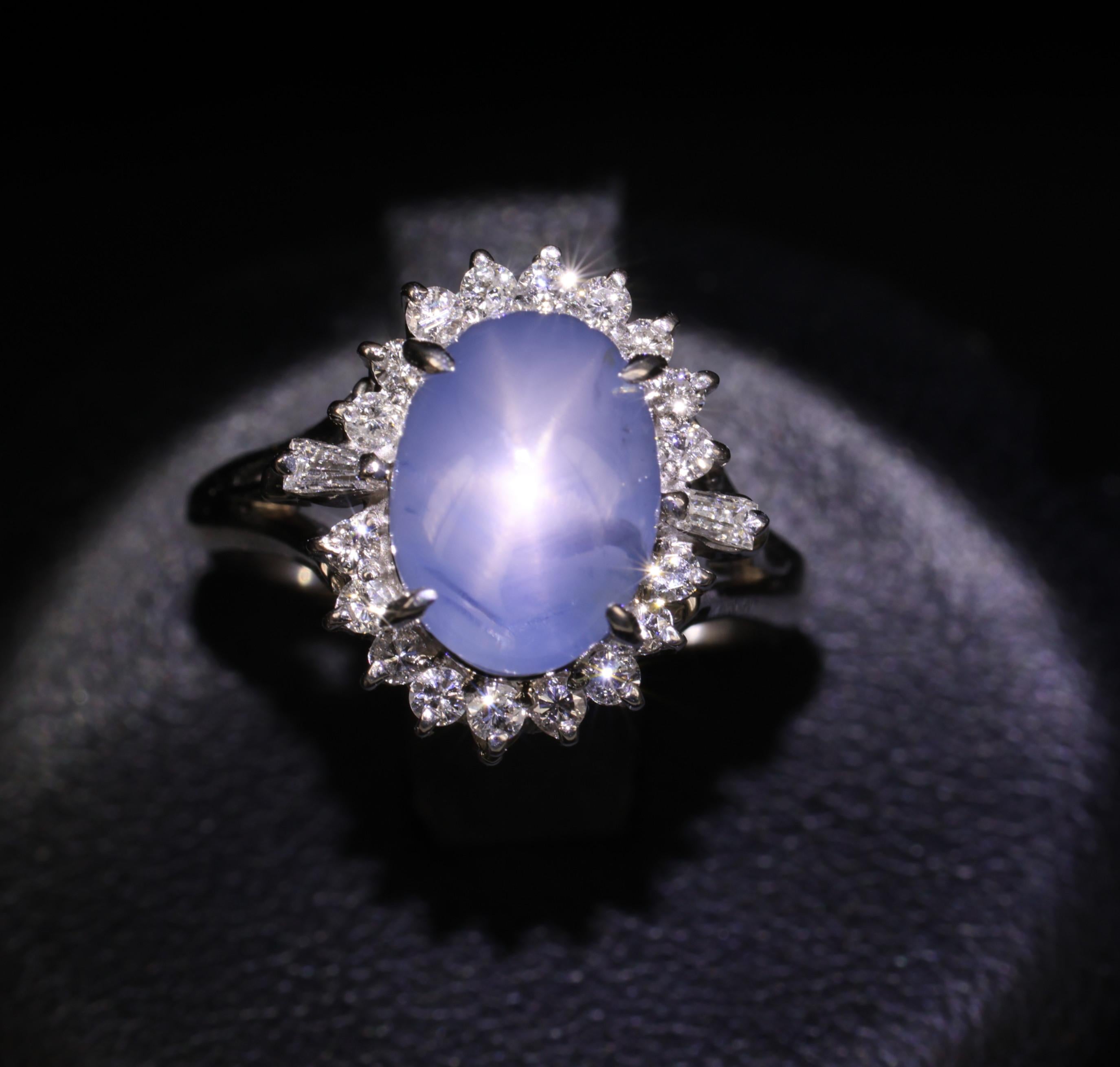 4.95ct Natural Untreated Star Sapphire & 0.31ct Diamond Platinum Ring, Size 4.75