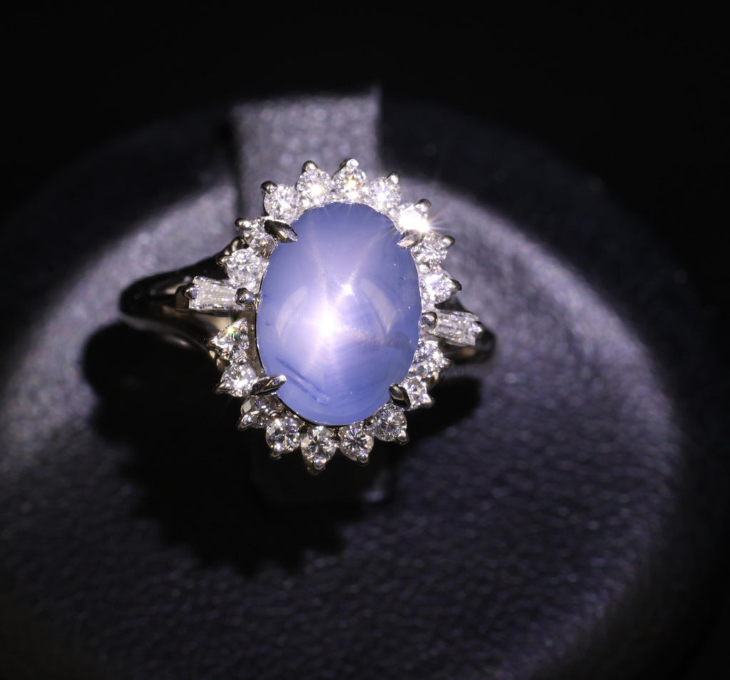 4.95ct Natural Untreated Star Sapphire & 0.31ct Diamond Platinum Ring, Size 4.75