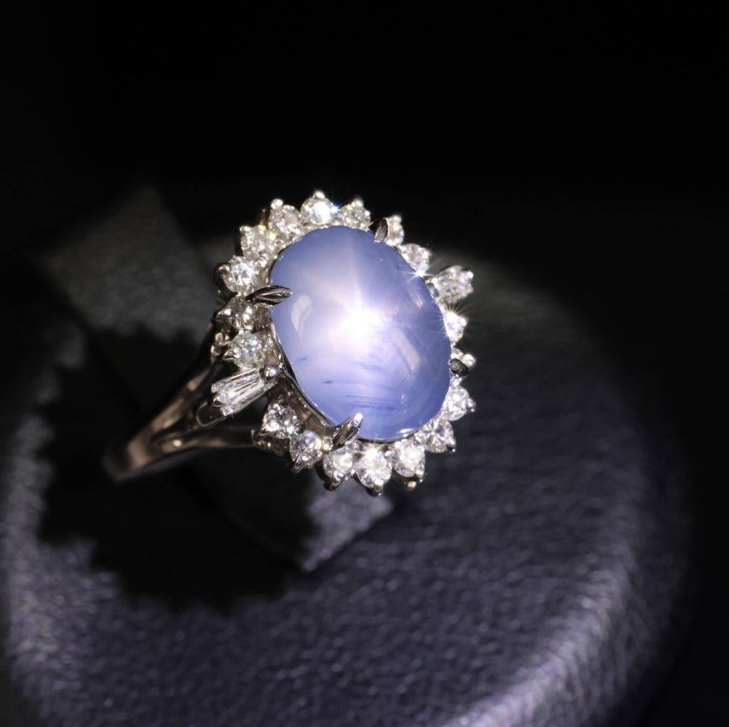 4.95ct Natural Untreated Star Sapphire & 0.31ct Diamond Platinum Ring, Size 4.75