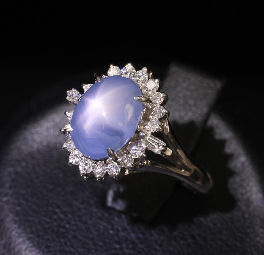 4.95ct Natural Untreated Star Sapphire & 0.31ct Diamond Platinum Ring, Size 4.75