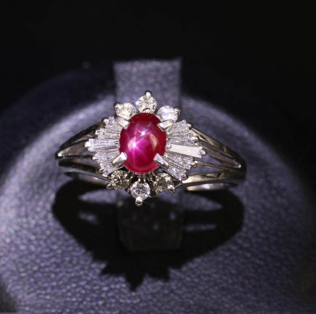 Vintage 0.96ct Natural Star Ruby & 0.34ct Diamond Platinum Ring, Size 5.5