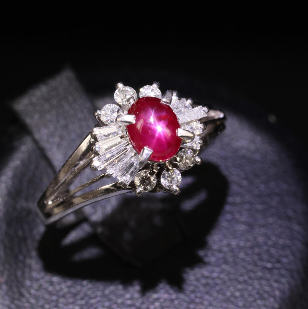 Vintage 0.96ct Natural Star Ruby & 0.34ct Diamond Platinum Ring, Size 5.5