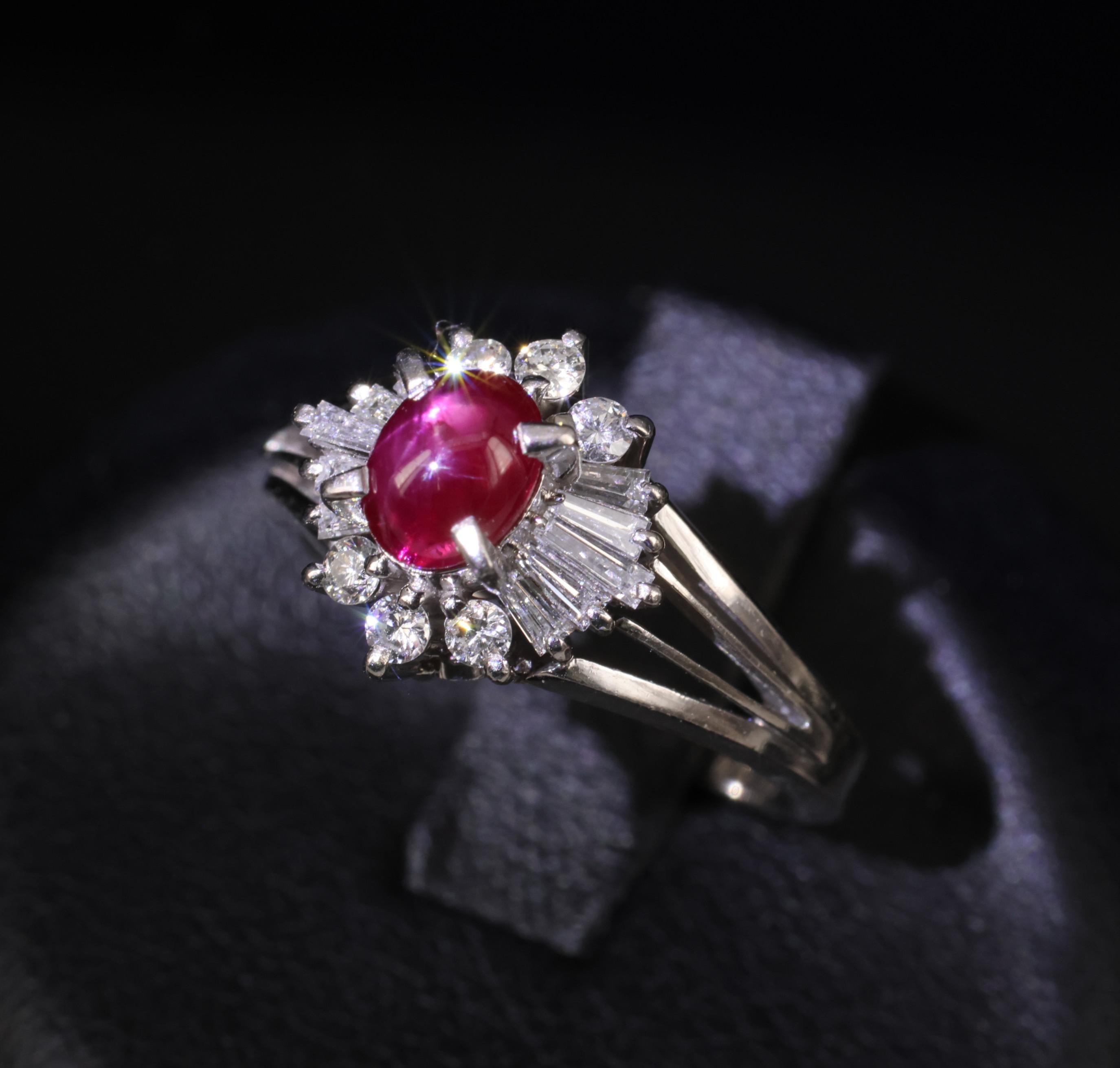 Vintage 0.96ct Natural Star Ruby & 0.34ct Diamond Platinum Ring, Size 5.5