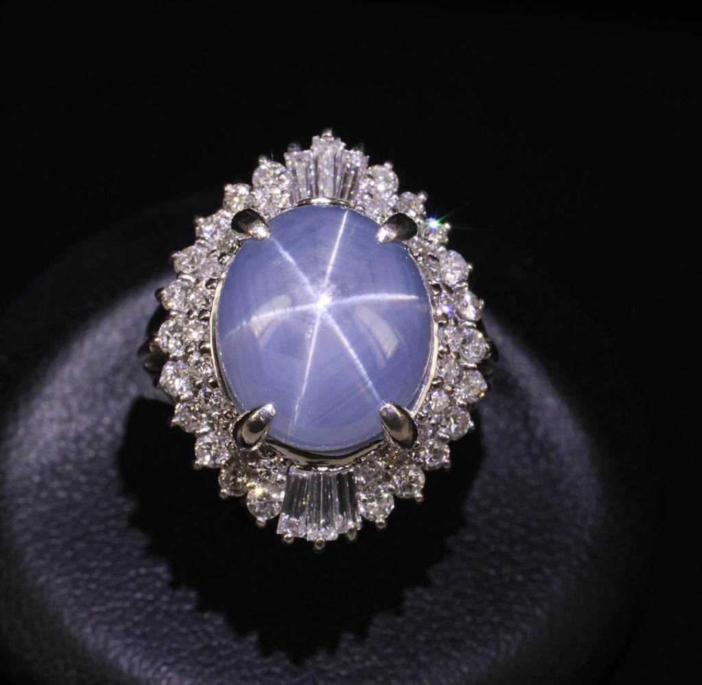 11.95ct Natural Blue Star Sapphire & 1.23ct Diamond Halo Platinum Ring Size 5.75