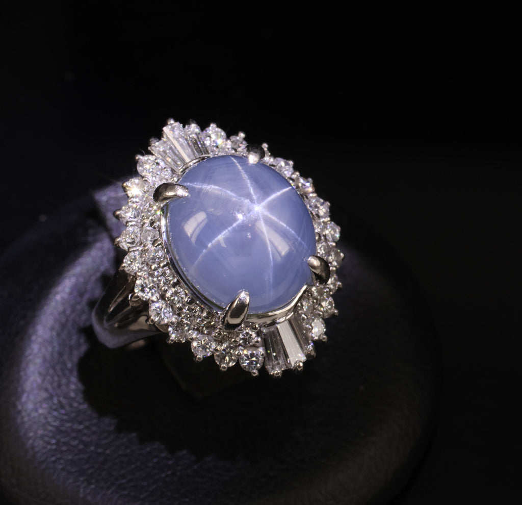 11.95ct Natural Blue Star Sapphire & 1.23ct Diamond Halo Platinum Ring Size 5.75