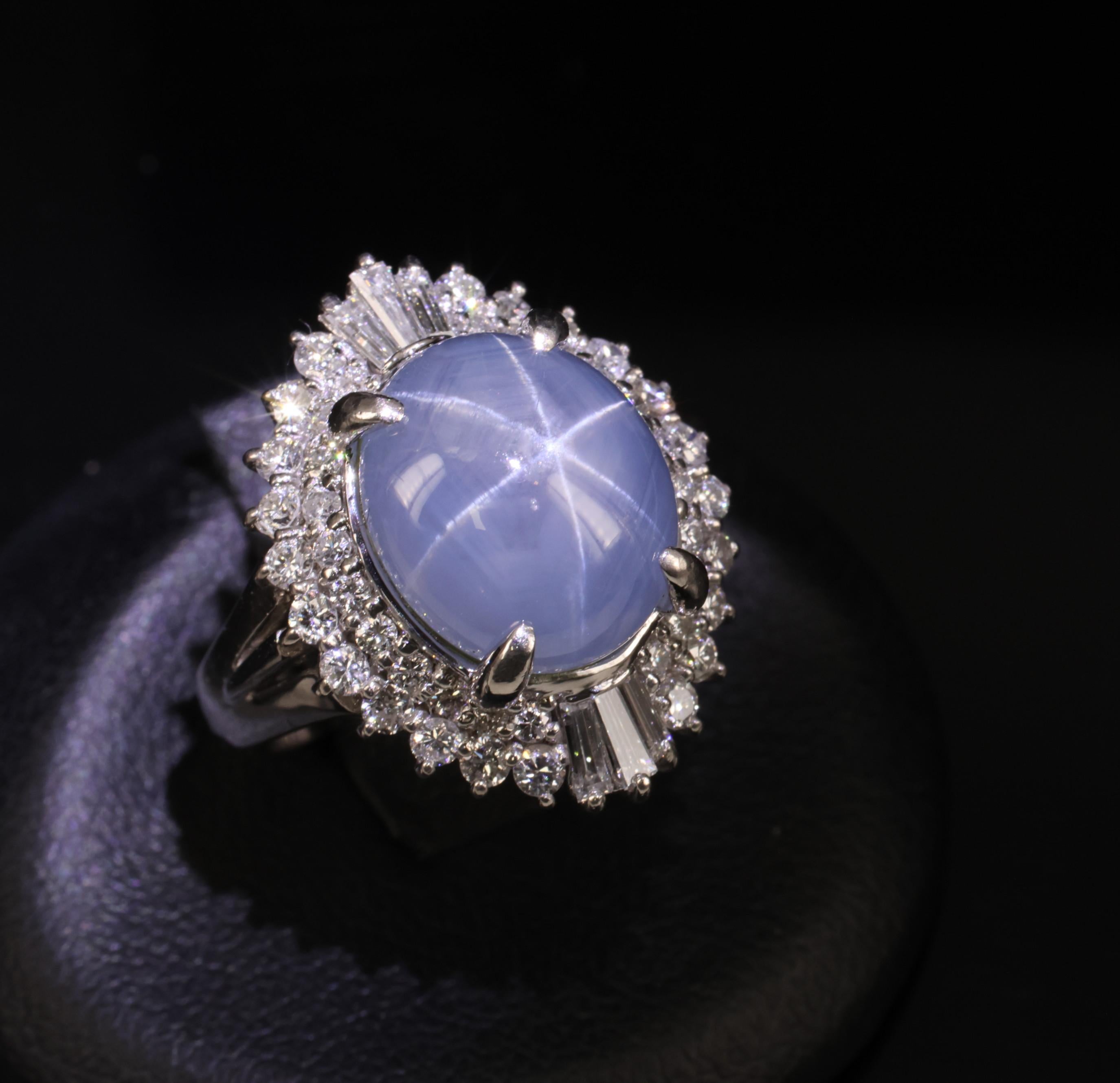 11.95ct Natural Blue Star Sapphire & 1.23ct Diamond Halo Platinum Ring Size 5.75