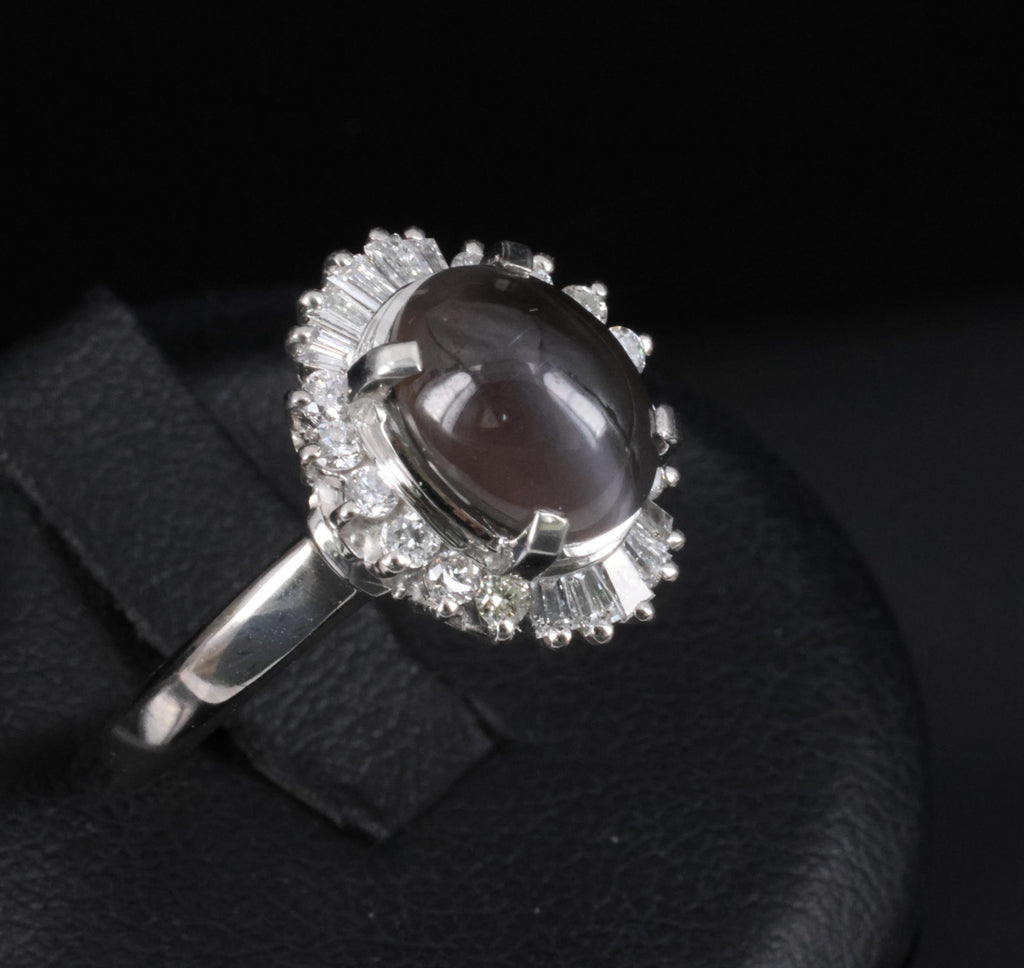 Estate 2.67ct GIA Sillimanite Cat's Eye & 0.41ct Diamond Platinum Ring, Size 7