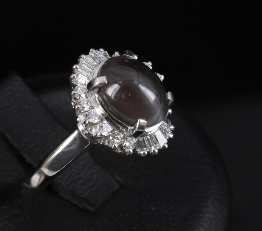 Estate 2.67ct GIA Sillimanite Cat's Eye & 0.41ct Diamond Platinum Ring, Size 7
