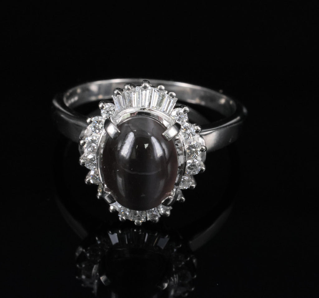 Estate 2.67ct GIA Sillimanite Cat's Eye & 0.41ct Diamond Platinum Ring, Size 7