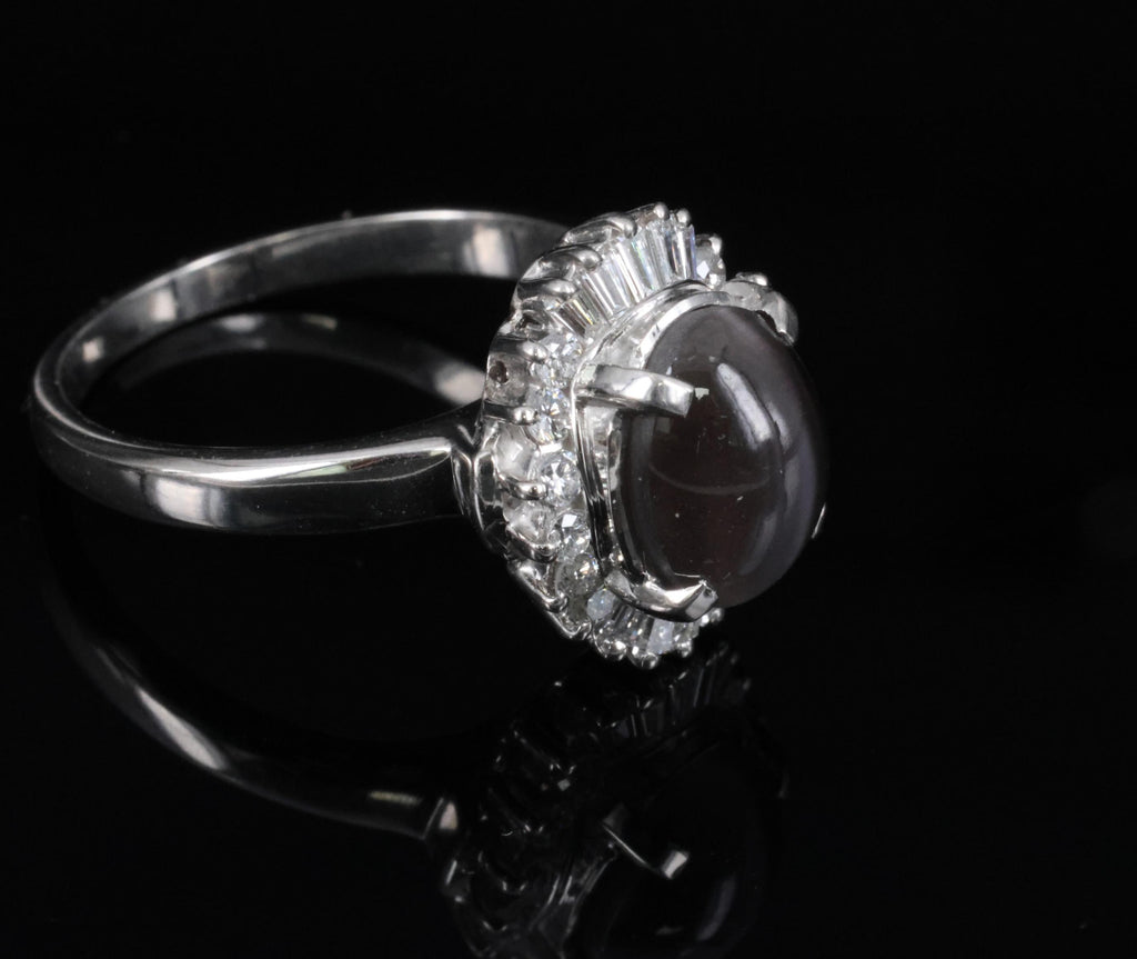 Estate 2.67ct GIA Sillimanite Cat's Eye & 0.41ct Diamond Platinum Ring, Size 7