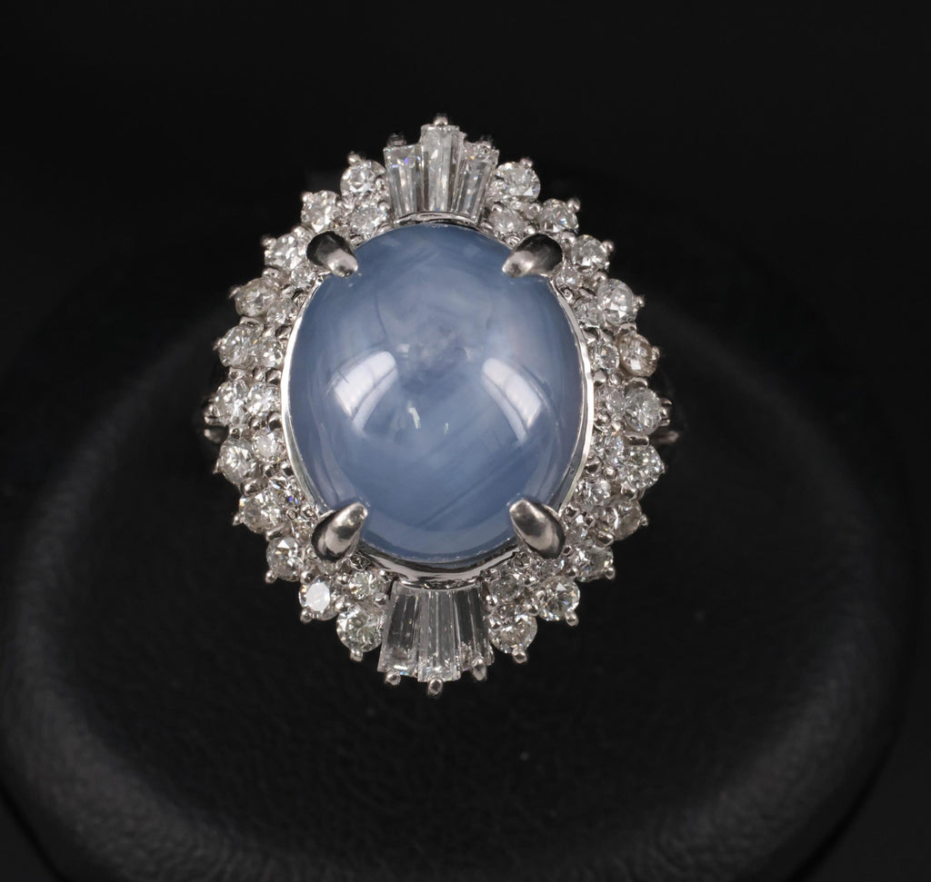 11.95ct Natural Blue Star Sapphire & 1.23ct Diamond Halo Platinum Ring Size 5.75