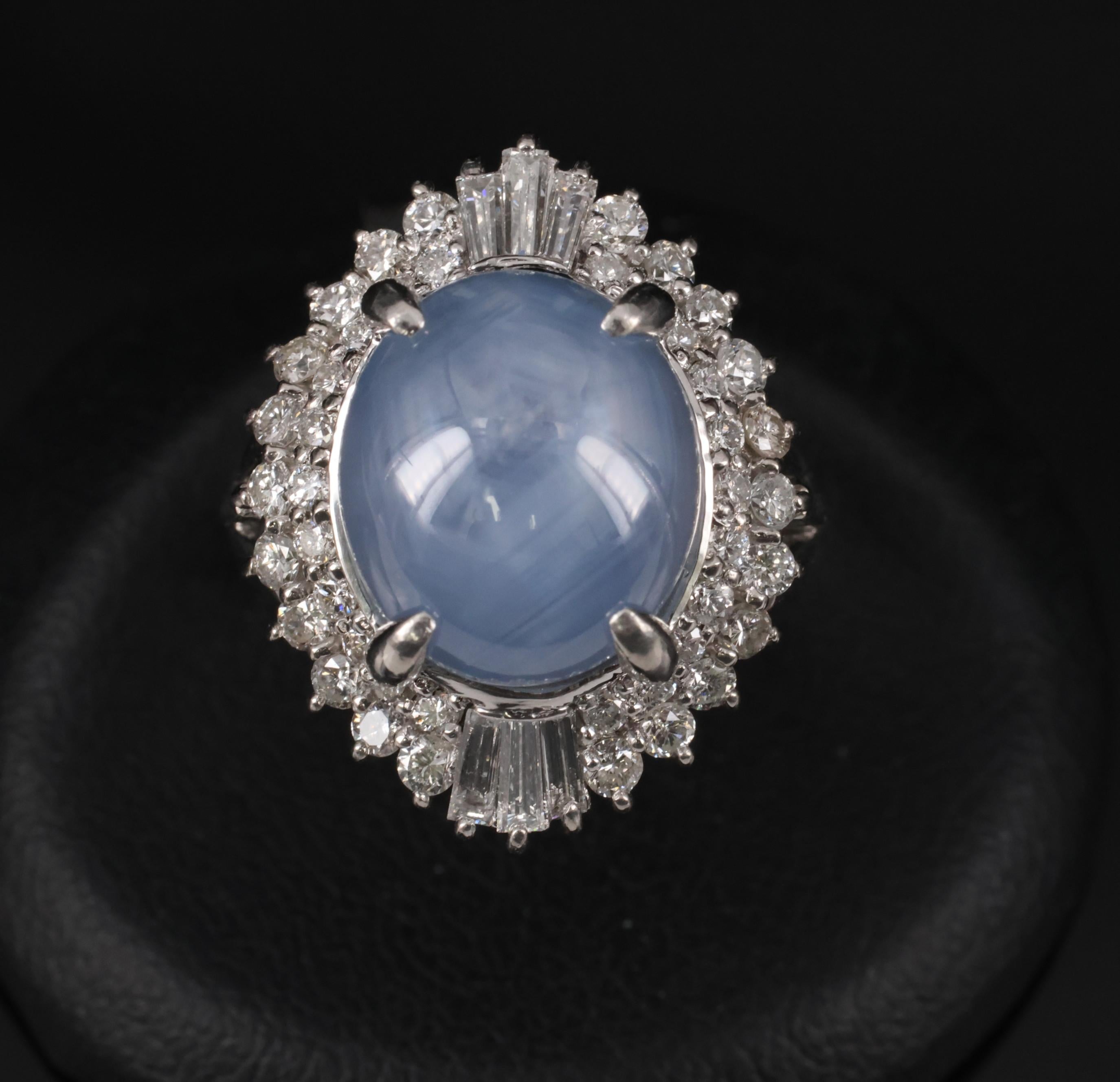 11.95ct Natural Blue Star Sapphire & 1.23ct Diamond Halo Platinum Ring Size 5.75