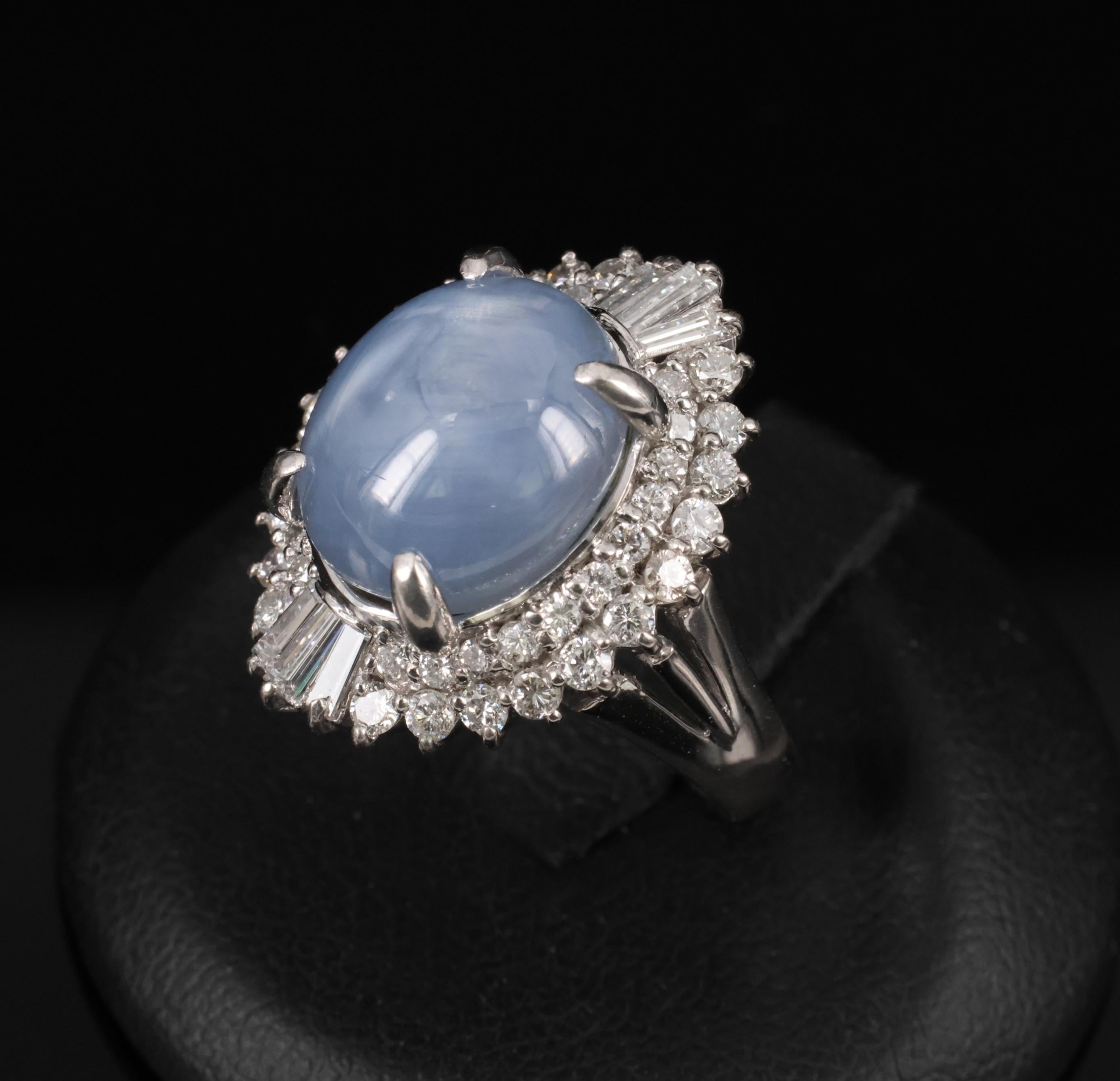 11.95ct Natural Blue Star Sapphire & 1.23ct Diamond Halo Platinum Ring Size 5.75