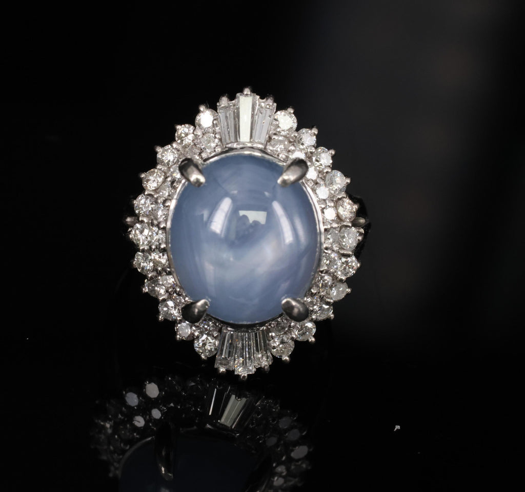 11.95ct Natural Blue Star Sapphire & 1.23ct Diamond Halo Platinum Ring Size 5.75