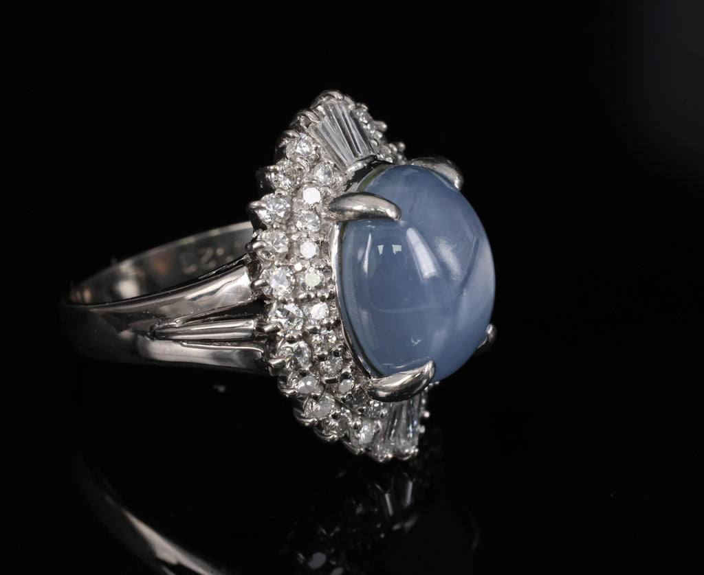 11.95ct Natural Blue Star Sapphire & 1.23ct Diamond Halo Platinum Ring Size 5.75
