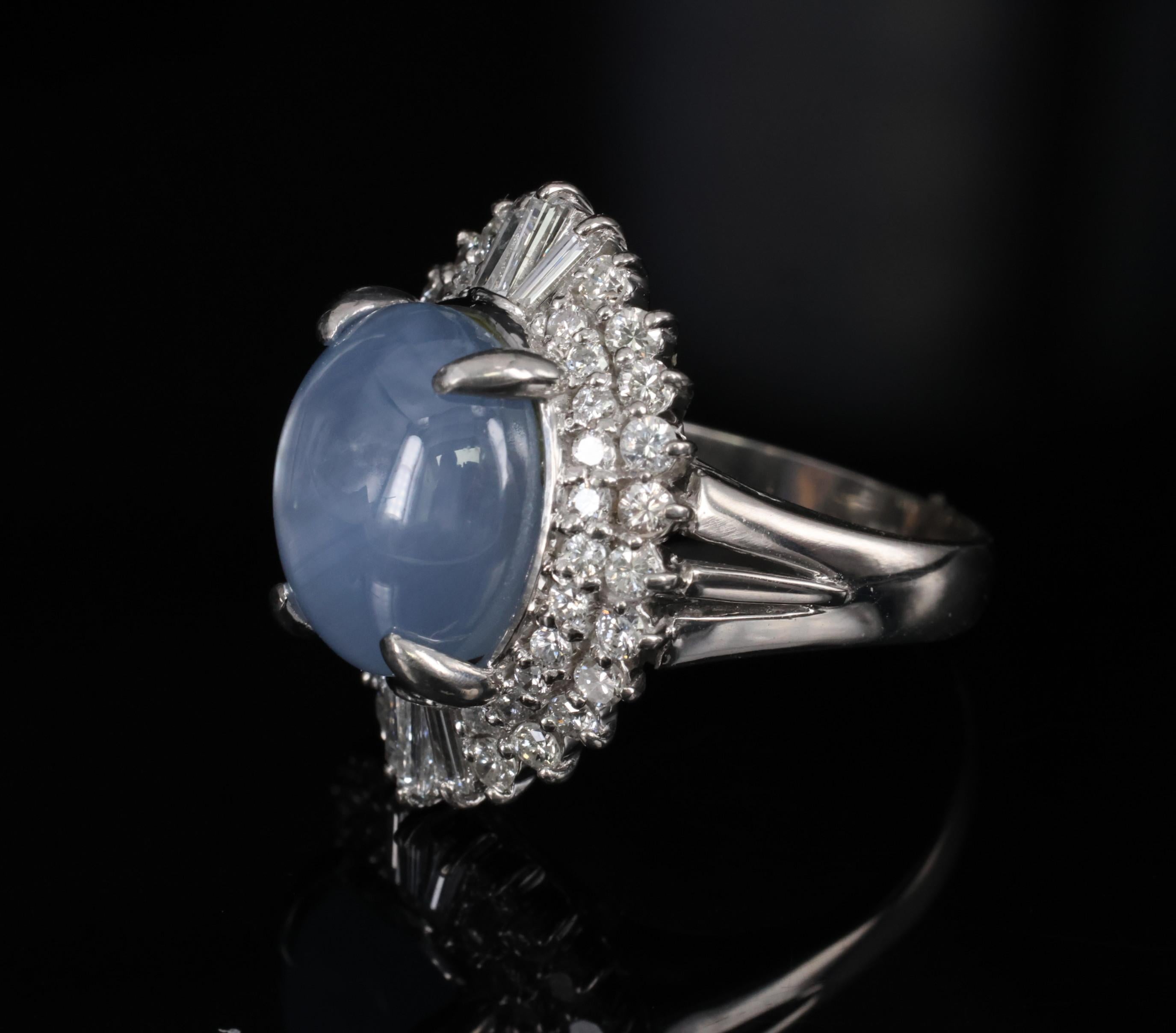 11.95ct Natural Blue Star Sapphire & 1.23ct Diamond Halo Platinum Ring Size 5.75