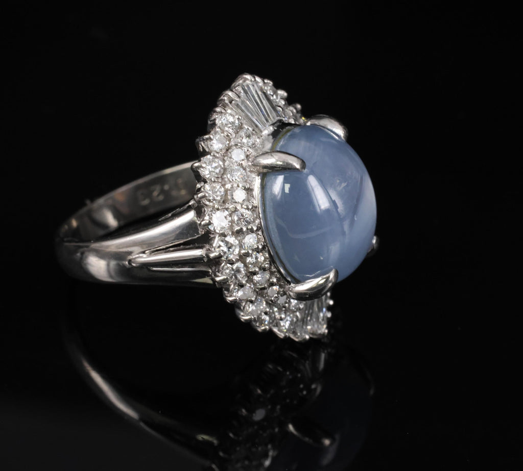 11.95ct Natural Blue Star Sapphire & 1.23ct Diamond Halo Platinum Ring Size 5.75