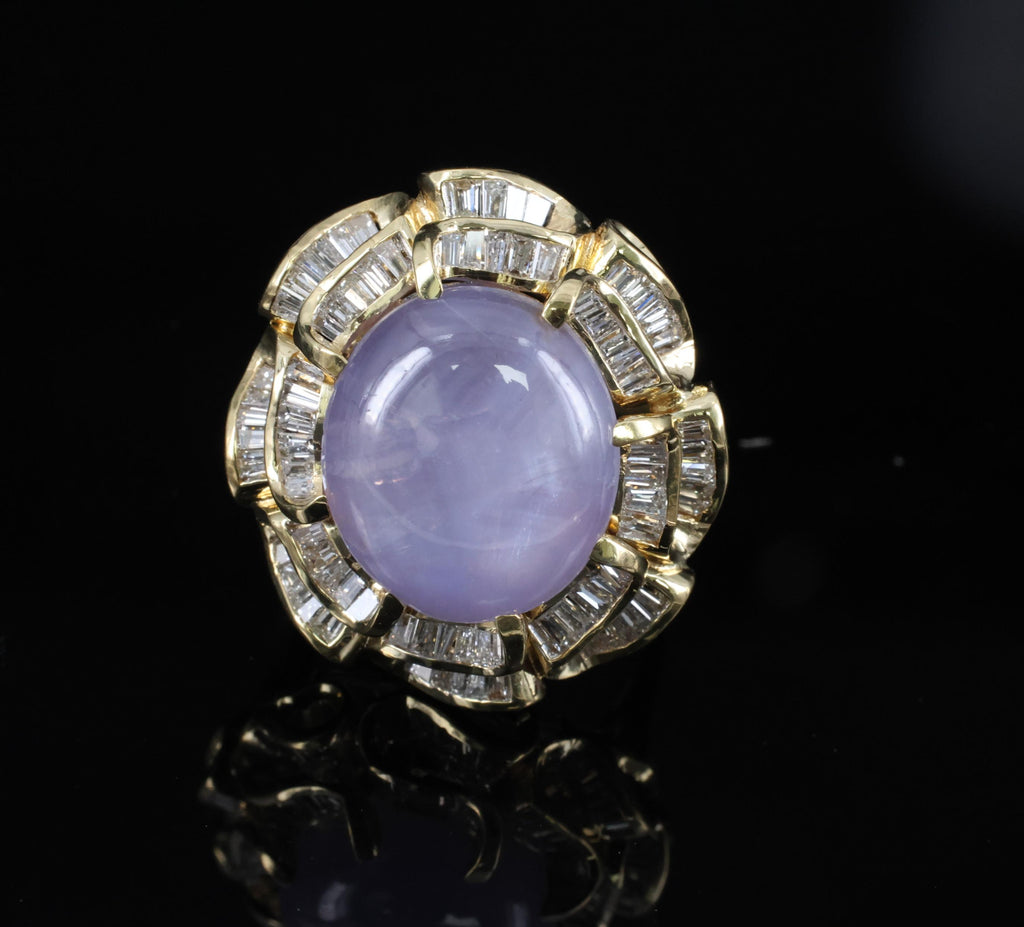 25.00ct Natural Purple Star Sapphire & 3.00ct Diamond 18K Gold Ring, Size 6.75