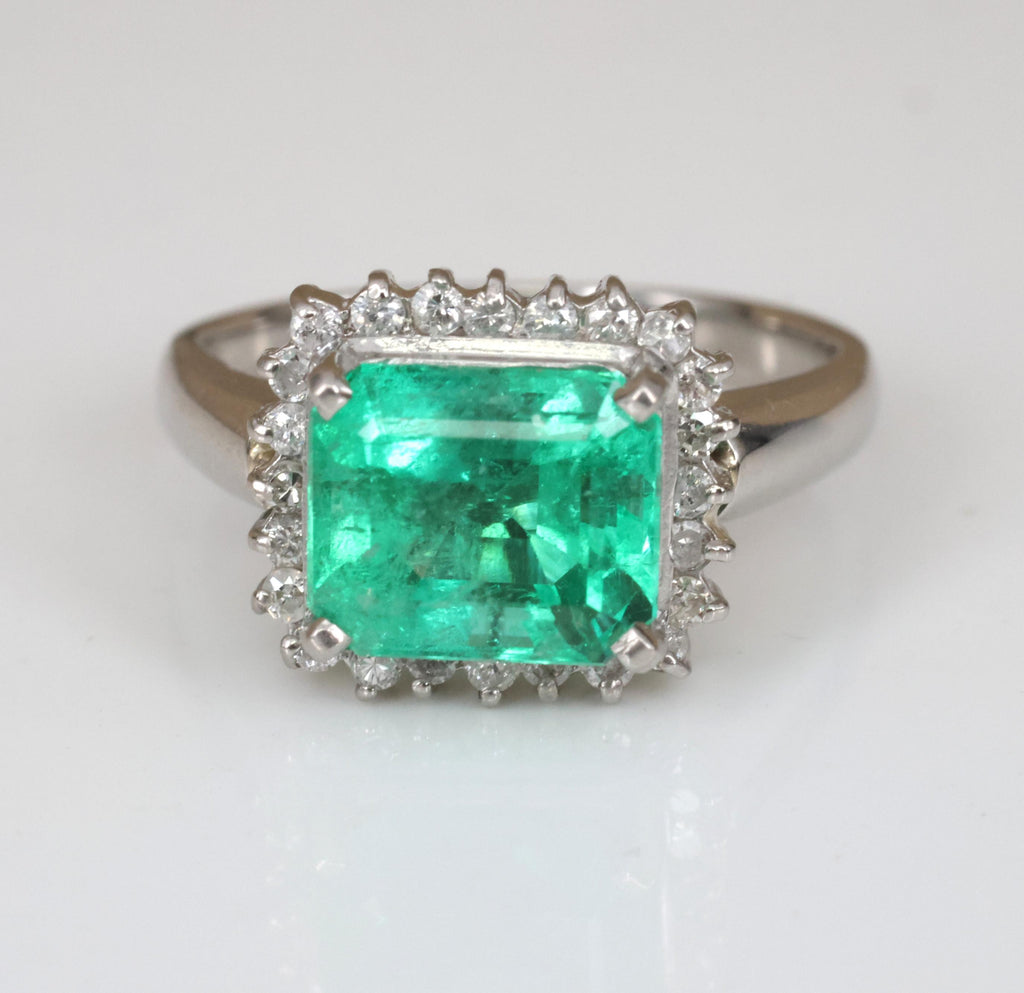 Fine 2.05ct GIA Natural Colombian Emerald 0.19ct Diamond Platinum Ring Size 4.5